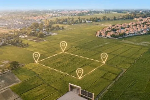 Aerial view of farmland with location pins outlining a plot boundary