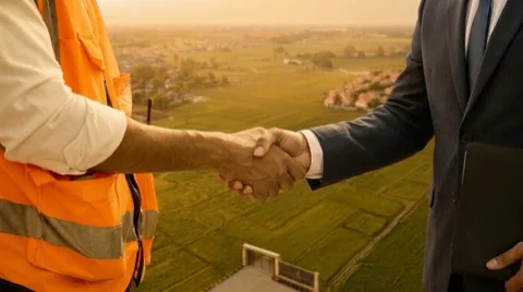 İnşaat sahası üzerinde el sıkışan iki kişi