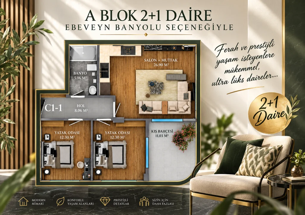 Aderans A Blok 2+1 daire kat planı