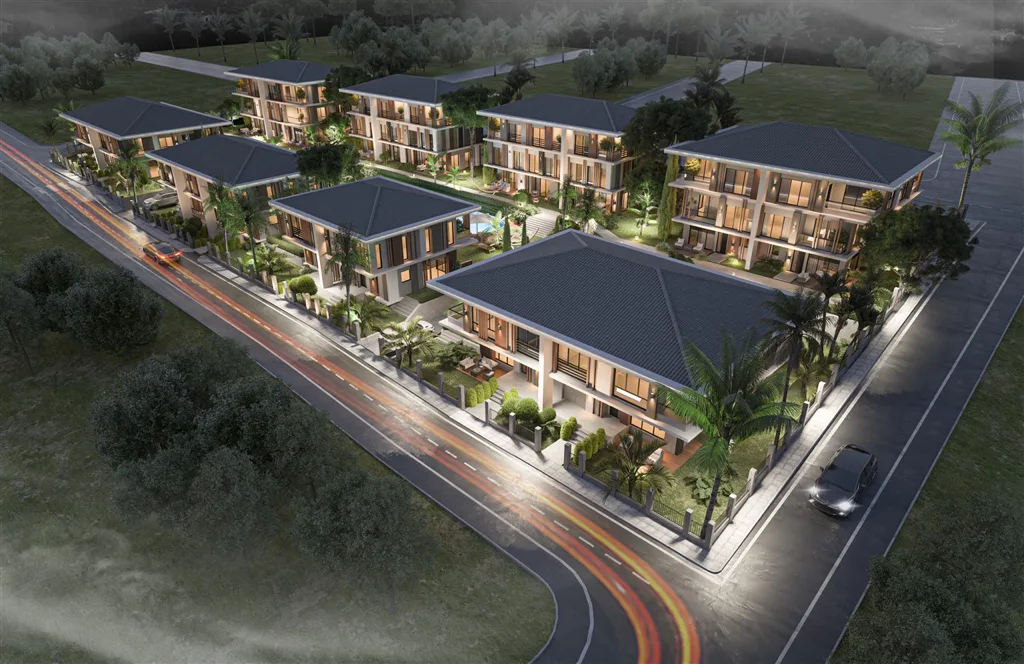 Toryum Villas akşam ışıklarıyla kuş bakışı görünüm