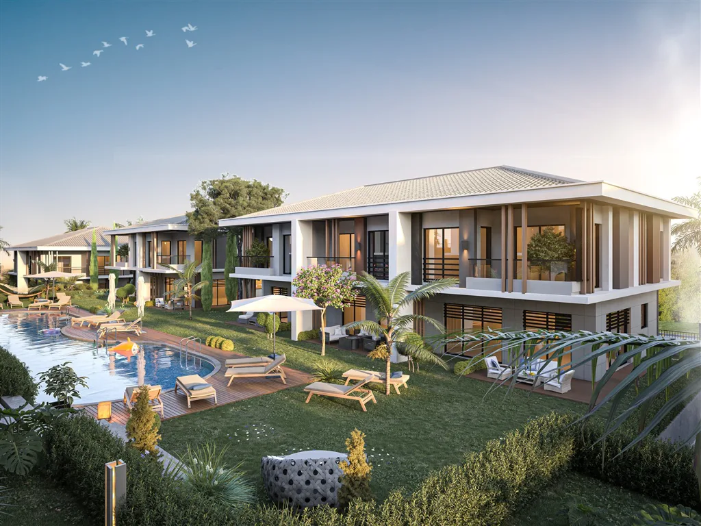 Toryum Villas ortak havuz ve oturma alanı