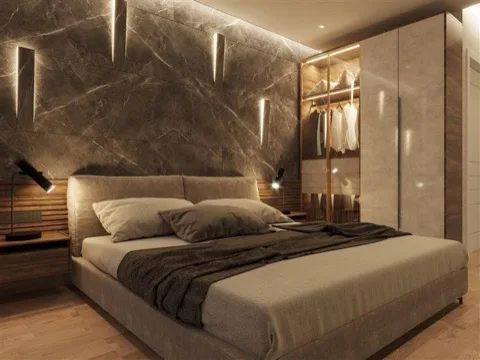 Toryum Villas ana yatak odası, mermer duvar detayı