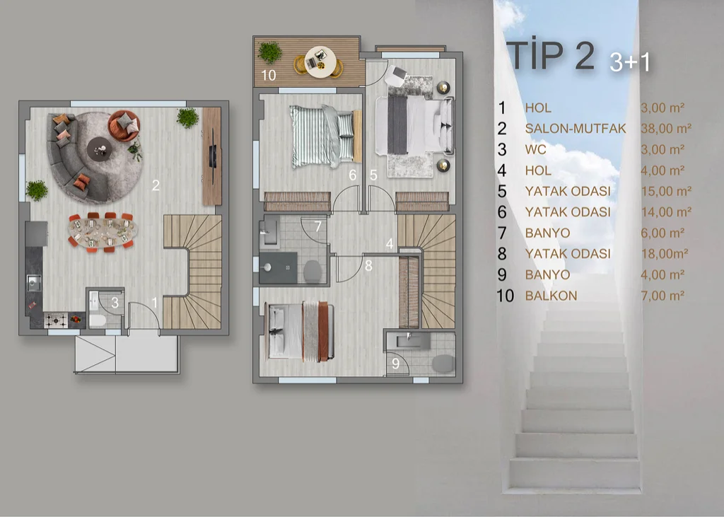 Toryum Villas Tip 2, 3+1 villa kat planı