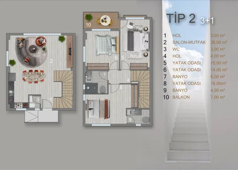 Toryum Villas Tip 2, 3+1 villa kat planı