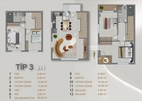 Toryum Villas Tip 3, 4+1 villa kat planı