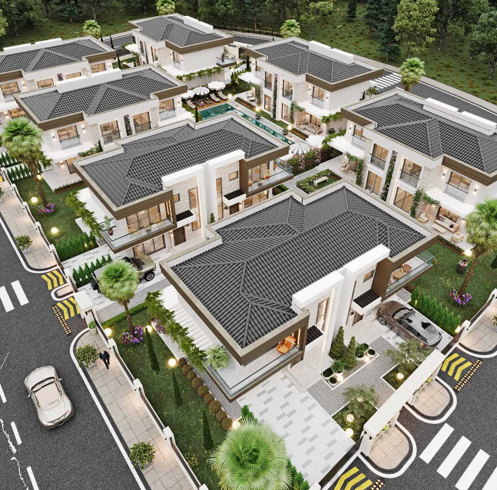 The Mandarin villaları kuş bakışı, akşam ışığında
