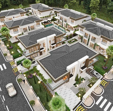 The Mandarin villaları kuş bakışı, akşam ışığında